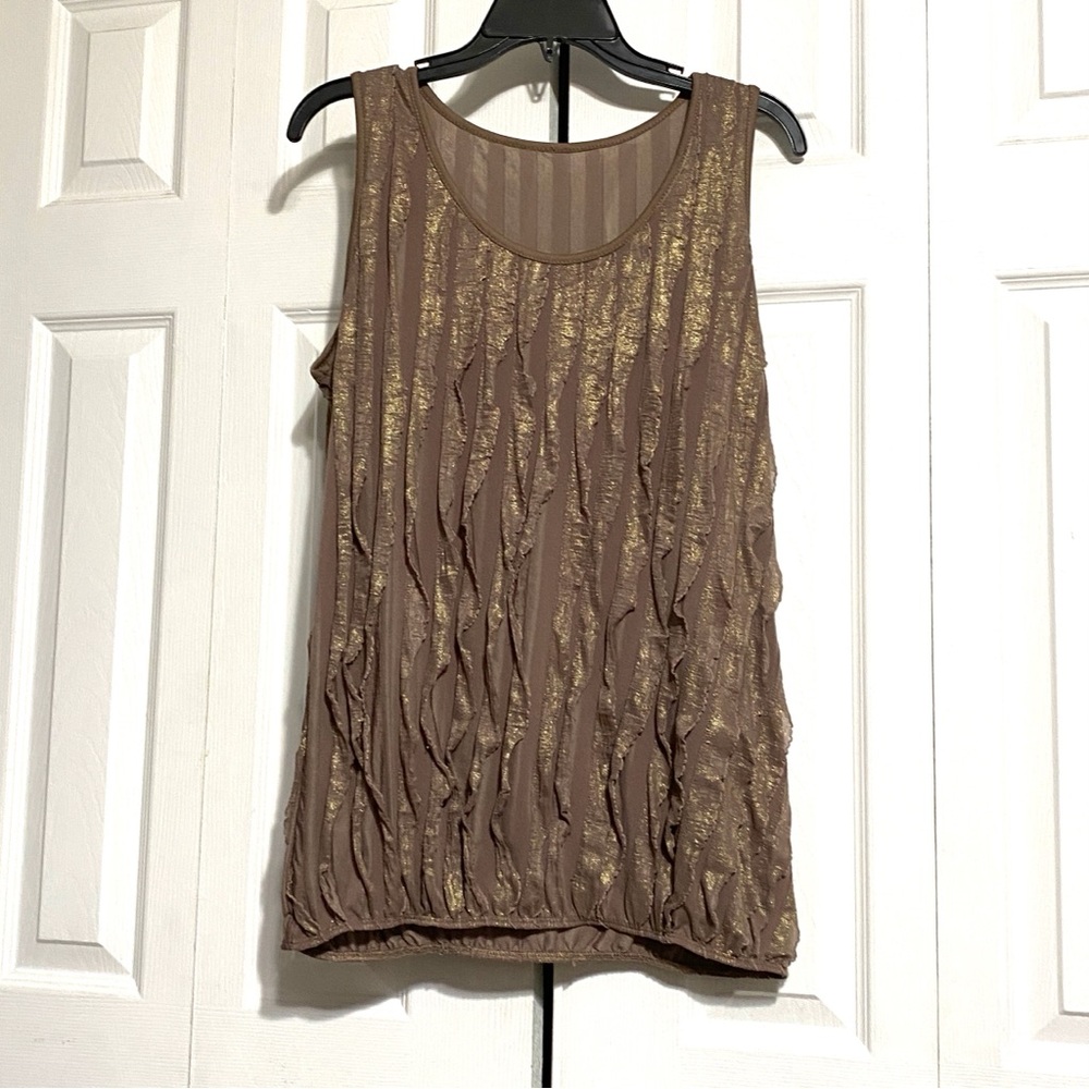 Taupe & gold sheen ruffle front Tank Top shirt blouse Size SMALL MEDIUM